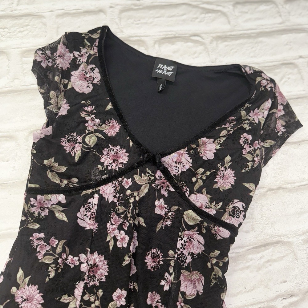 Planet Heart Y2K Black Floral Babydoll Slip Dress Sz Small Romantic Velvet Trim - Picture 8 of 15